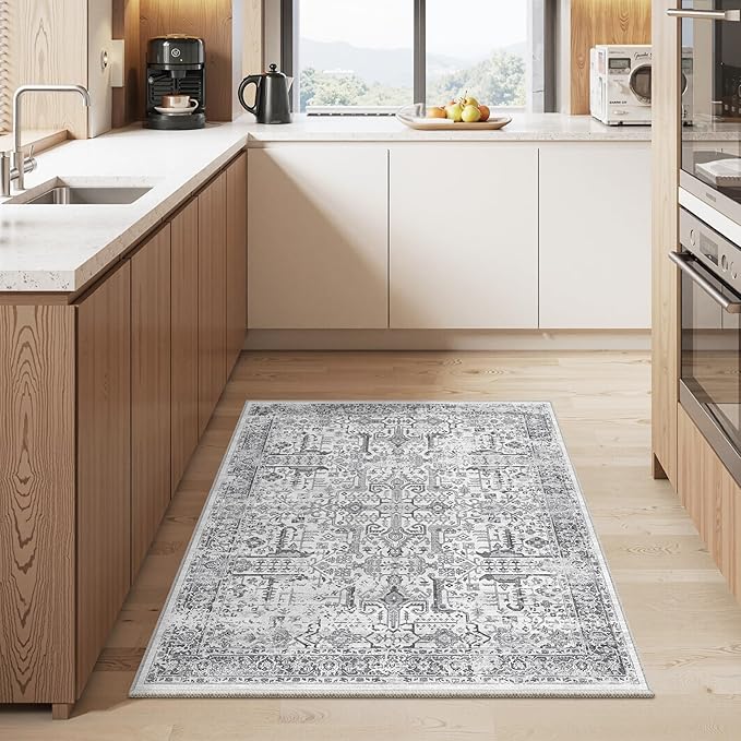 Washable 2x3 Entryway Area Rug - Small Non Slip Vintage Kitchen Runner Rugs Indoor Entrance Soft Neutral Stain Resistant Bathroom Mat Farmhouse Carpet for Bedroom Living Room Entry Laundry 2'x3' Grey