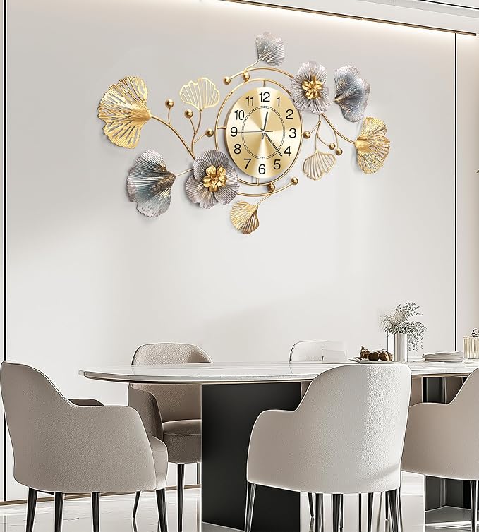 Clocks for Living Room, Large Wall Clock, 3D Silent Wall Clock, Retro Metal Ginkgo Leaf Design, for Bedroom Kitchen Decorative Wall Clocks（32''x18'' ）