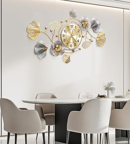 Clocks for Living Room, Large Wall Clock, 3D Silent Wall Clock, Retro Metal Ginkgo Leaf Design, for Bedroom Kitchen Decorative Wall Clocks（32''x18'' ）