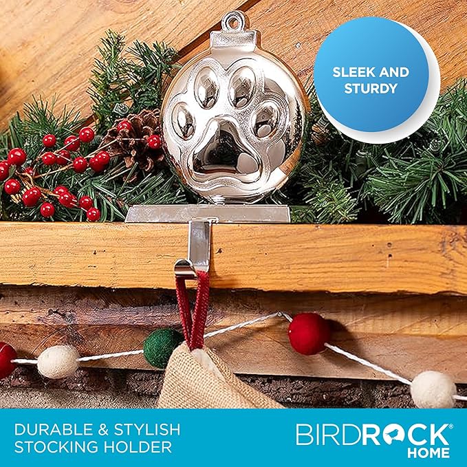 BIRDROCK HOME Christmas Stocking Holders for Mantle - Weighted Metal Hanger for Stockings & Holiday Decor - Sturdy Metal Hook for Fireplace, Staircase & Shelf - Non-Scratch Base - Dog Paw Print