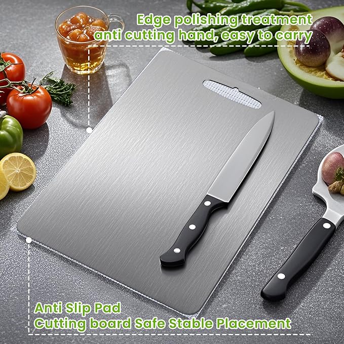 100% Pure Titanium Cutting Board - 13x9 Inch Non-Slip Kitchen Chopping Board, Dishwasher Safe, Scratch Resistant, Easy to Clean, Durable & Hygienic for Meat, Vegetables, and Fruits