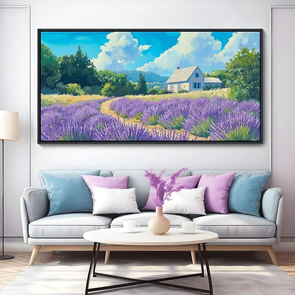 HKDGOKA Blue Landscape Framed Wall Art, Large Purple Lavender Rustic Cottage Spring Scenery Paintings Artwork for Living Room Bedroom Office Kitchen Flowers Prints Pictures Home Decor 29x58 IN