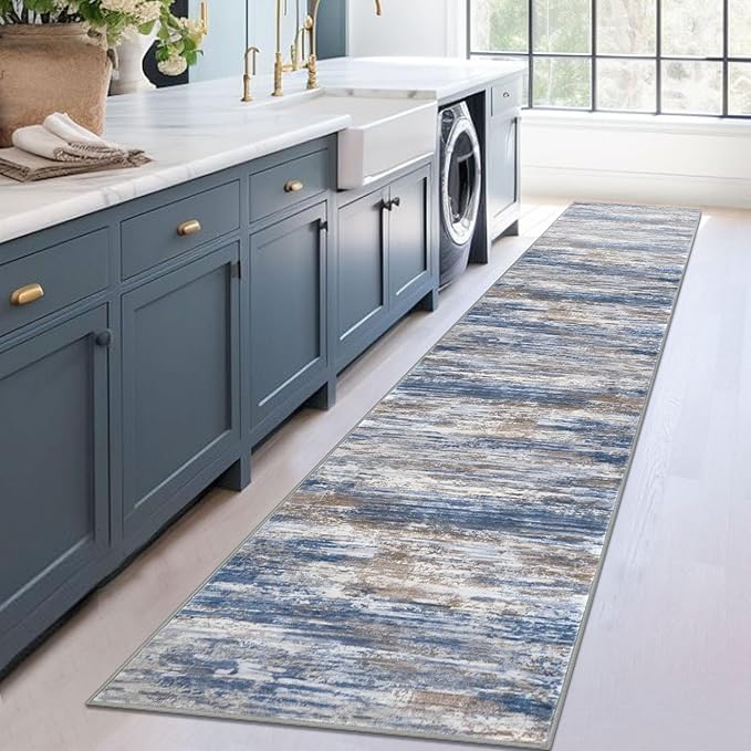 KOZYFLY Modern Abstract Kitchen Runner Rug, 2x12 Washable Rug Runner Non-Slip Soft Striped Hallway Runner Rugs, Blue Rust Print Carpet Runner for Entryway Bathroom Laundry Room Foyer