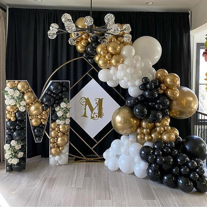 Metallic Gold and Premium Latex Black White Balloons, 60Pcs 12 Inch Black Gold Confetti Balloons with Black and Gold Ribbons Set for Birthday Graduation Baby Shower Wedding Party Decorations