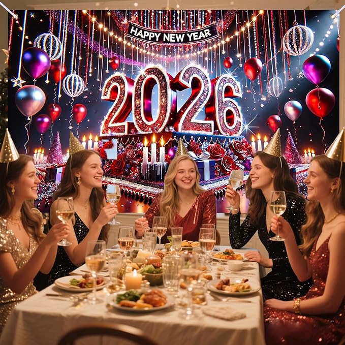 Nuxovilar Happy New Year Banner, 2026 Stage Lights Backdrop for Party Decorations, 71x43 Inch