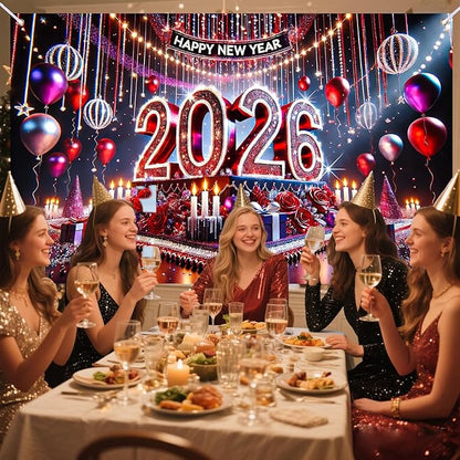 Nuxovilar Happy New Year Banner, 2026 Stage Lights Backdrop for Party Decorations, 71x43 Inch
