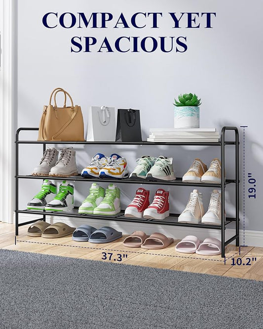 Kitsure Shoe Rack - Stainless Steel Shoe Organizer, Sturdy Shoe Rack for Closet and Front Door Entrance, Free Standing Shoe Shelf, Closet Organizers and Storage, 37.3" Wide - 3 Tier, Black