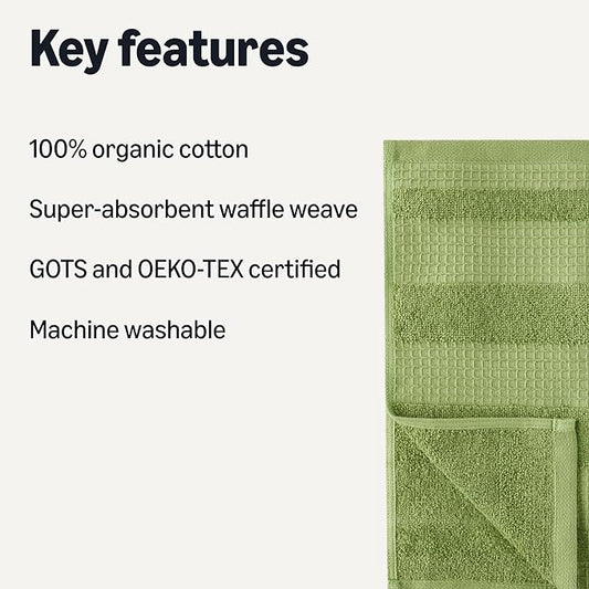Amazon Basics Organic Cotton Waffle Kitchen Dish Cloths - Ultra Absorbent, Quick Drying, Lint-Free, 12 x 12 inches, 6-Pack (2 Brown, 2 Olive, 2 White)