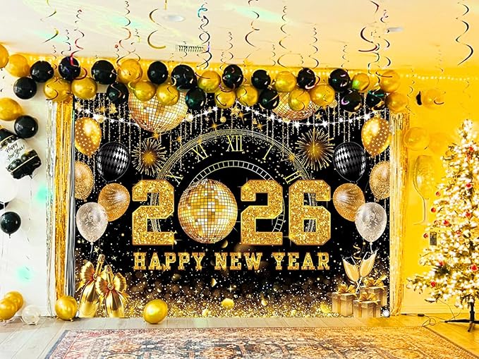 Happy New Year 2026 Black Gold Backdrop 2026 New Year Eve Countdown Photo Background Cheer to 2026 Party Decoration Banner Photo Supplies (Gold, 82x59inch (7x5FT))