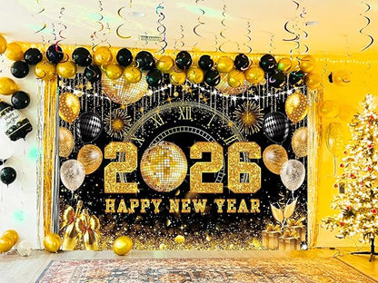Happy New Year 2026 Black Gold Backdrop 2026 New Year Eve Countdown Photo Background Cheer to 2026 Party Decoration Banner Photo Supplies (Gold, 82x59inch (7x5FT))