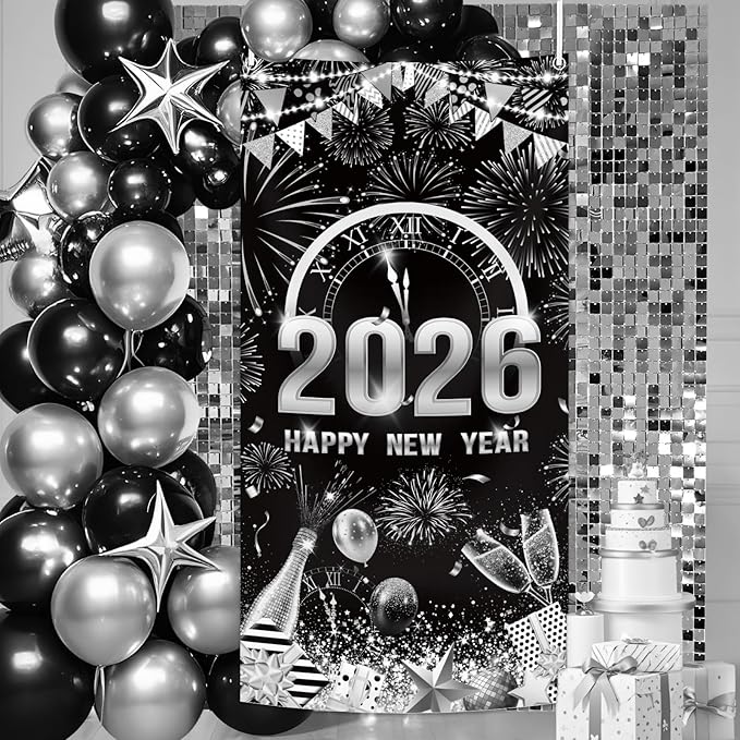 MEHOFOND 2026 Happy New Year Door Cover, Black and Silver New Year Front Door Party Decorations, Cheers to 2026 Hello 2026 Fireworks Champagne Balloon Decor Holiday Party Photo Booth Props