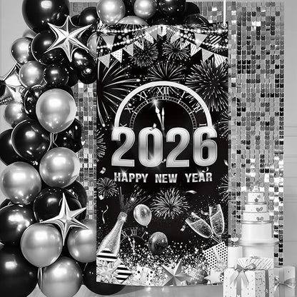 MEHOFOND 2026 Happy New Year Door Cover, Black and Silver New Year Front Door Party Decorations, Cheers to 2026 Hello 2026 Fireworks Champagne Balloon Decor Holiday Party Photo Booth Props
