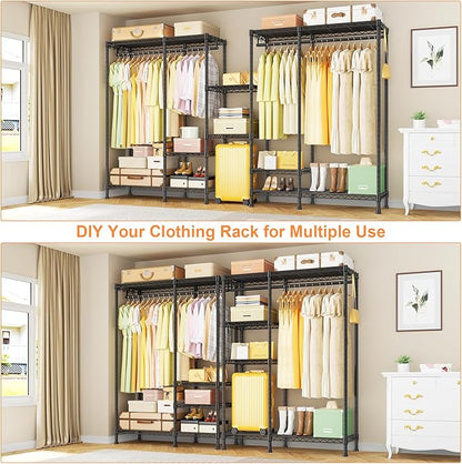 Ulif F4 Heavy Duty Clothes Rack (With Hanger Rod) Freestanding Clothing Racks for Hanging Clothes，Adjustable Closet Organizer System, Portable Garment Rack 45"W x 15.8"D x 71.3"H,Max Load 600LBS,Black