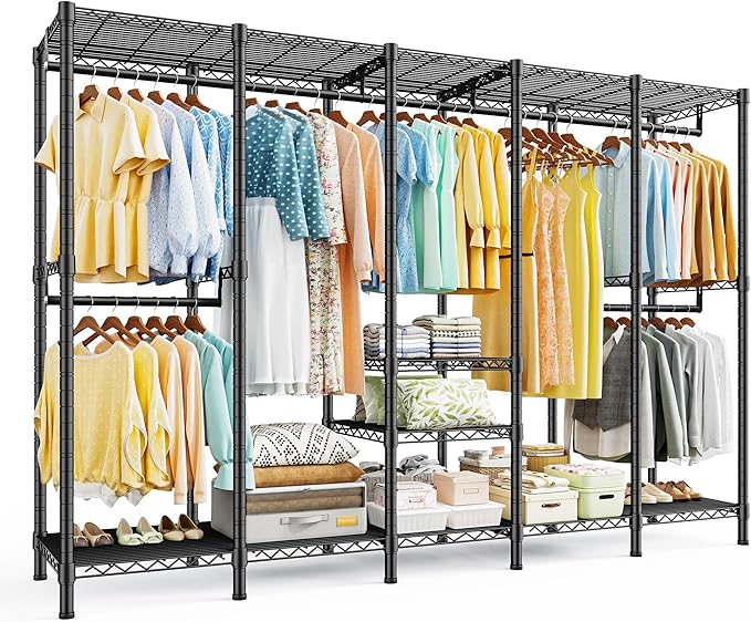 Raybee 88.2" W Clothes Rack Heavy Duty Clothing Racks for Hanging Clothes Portable Closet Loads 1200LBS Freestanding Garment Rack for Bedroom 88.2" W x 75.6" H x 15.7" D, Black