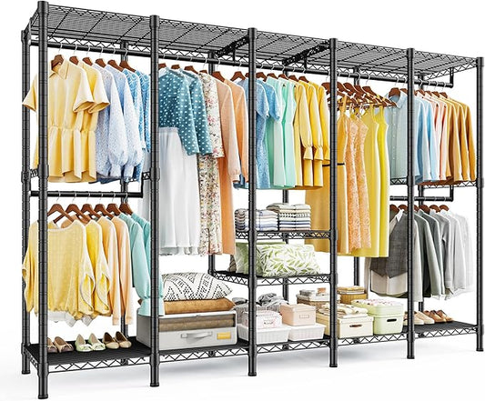 Raybee 88.2" W Clothes Rack Heavy Duty Clothing Racks for Hanging Clothes Portable Closet Loads 1200LBS Freestanding Garment Rack for Bedroom 88.2" W x 75.6" H x 15.7" D, Black