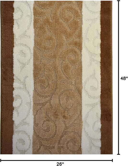 Custom Size Scroll Hallway Runner Rug Slip Resistant, 26 Inch Wide x Your Choice of Length Size, Beige, 26 Inch X 4 Feet, Sold and Priced Per Foot