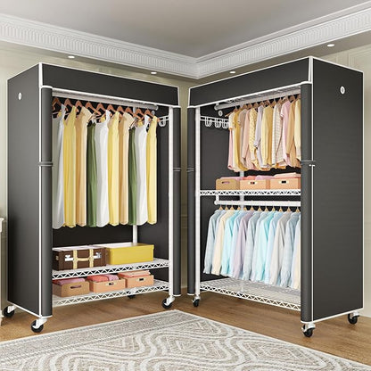 White Clothing Rack with Black Cover, P1C Plus Rolling Closets with Wheels, Metal Garment Rack for Hanging Clothes, Clothing Storage Wardrobe, 46" W x 18.5" D x 80.7" H, Load 524 Pounds