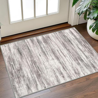 KOZYFLY Modern Abstract Small Area Rugs 2x3, Washable Kitchen Rug Non-Slip Soft Small Bathroom Rug, Grey Beige Striped Entryway Rugs Abstract Print Faux Wool Doormat for Bedside Entrance Bedroom Sink