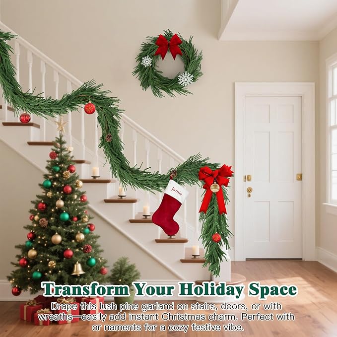 2 Pcs 6 Ft Norfolk Pine Garlands, Christmas Garlands, Real Touch Winter Pine Garland, Artificial Faux Greenery Garland for Table, Mantle, Wall, Staircase, Indoor, Outdoor Christmas Decorations