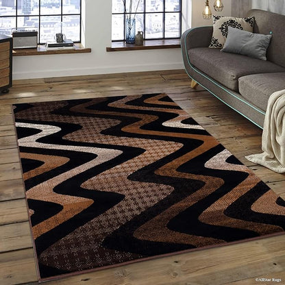 Allstar 8x10 Chocolate and Mocha Modern and Contemporary Rectangular Accent Rug with Ivory and Espresso Wavy Zigzag Design (7' 9" x 9' 8")