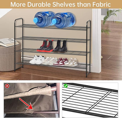 KEETDY 4-Tier Long Shoe Rack for Closet, Wide Shoe Organizer for Closet Floor Storage, Stackable Shoe Rack for Entryway Metal Shoe Shelf for 30 Pairs Men Sneakers with Wire Grid for Bedroom, Black