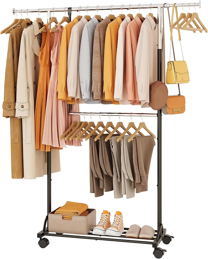 FAVOOSTY Hanging racks for clothes Rack with Wheels Garment racks for hanging clothes racks for hanging clothes Double adjustable Clothes Organizer for kids with Extendable Rod Black