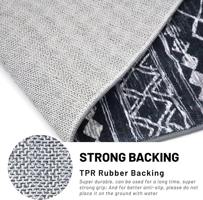 KUTA Bedroom Boho Rug 4x6 Black, Moroccan Washable Area Rugs Non Slip, Ultra Soft Print Distressed Geometric Low-Pile Entry Throw Carpet for Bedroom Nursery Dorm Kitchen Decor