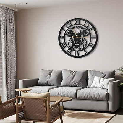 Wall Clocks Battery Operated, Large Slient Black Metal Decorative Wall Clock,Big Oversized Wall Clocks for Living Room Decor,Bedroom, Kitchen (Highland Bull Wall Clock, 30 Inch)