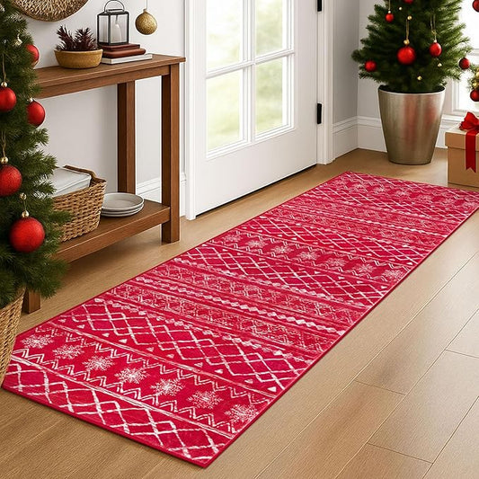 KUTA Christmas Washable Hallway Runner Rug, 2x6 Non-Slip Vintage Red Boho Rugs Kitchen Runners Red Ultra Soft Distressed Geometric Floor Carpet for Bedroom Laundry Living Room