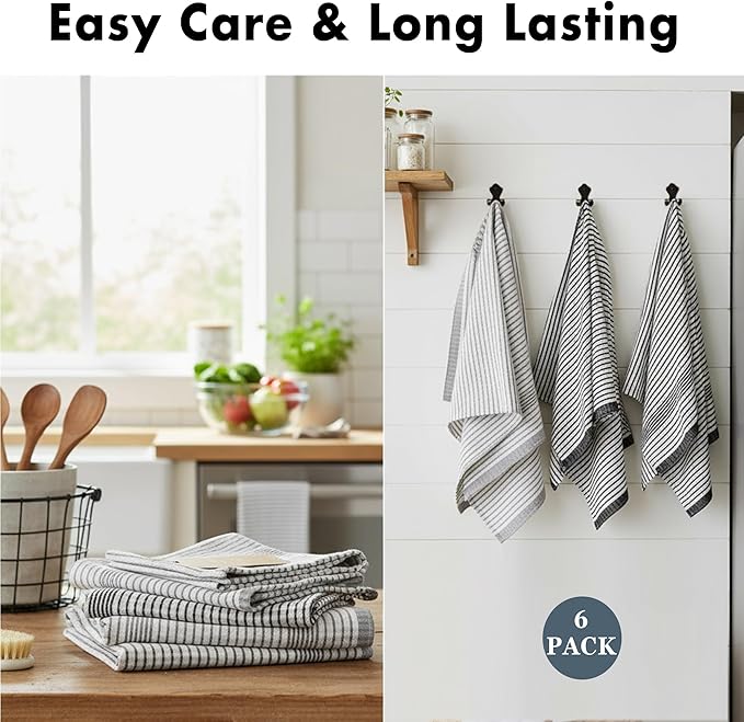 6 Pack Cotton Kitchen Towels – 29.5 x 19.5 Inches Grey & White Checkered Tea Towels, Absorbent Dish Cloths & Kitchen Drying Towels, Quick-Dry Hand Towels with Hanging Loop, Durable, Woven Design