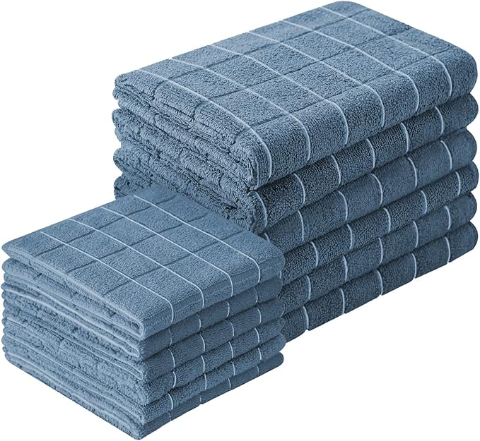Microfiber Kitchen Towels and Dishcloths Set, 26 X 18 Inch and 12 X 12 Inch, Set of 12 Bulk Lint Free Dish Towels for Drying Dishes, Blue
