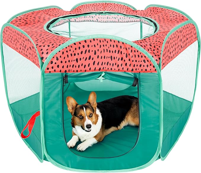 Furhaven Portable Dog Playpen Cat Tent, Pet Playground,Kennel Foldable Indoor Outdoor Zippered Puppy Crate - Green & Pink, Large