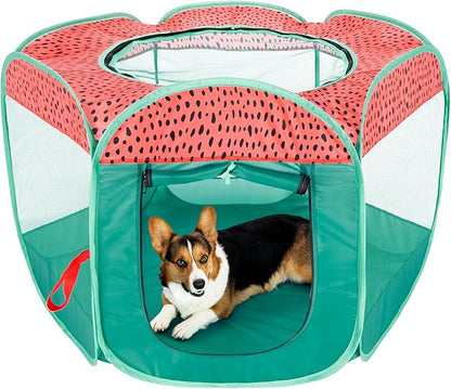 Furhaven Portable Dog Playpen Cat Tent, Pet Playground,Kennel Foldable Indoor Outdoor Zippered Puppy Crate - Green & Pink, Large