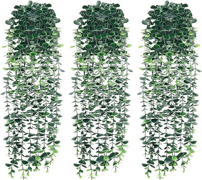 Artificial Hanging Eucalyptus Plants，Fake Plant Eucalyptus Small Decor Faux Hanging Vine Plants Wall Greenery for New Home Decoration，for Floating Shelf Indoor Outdoor Pack of 3