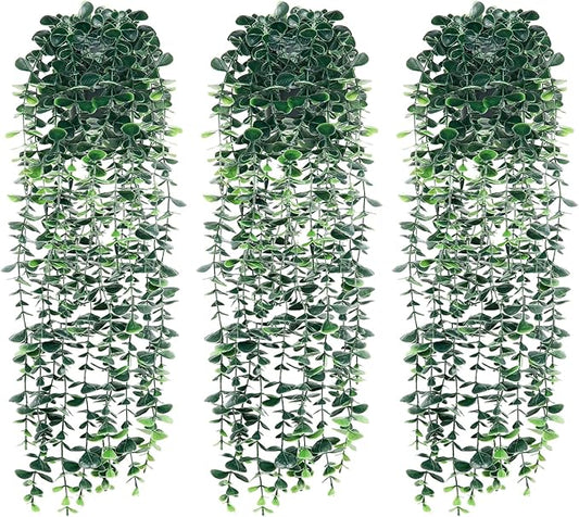 Artificial Hanging Eucalyptus Plants，Fake Plant Eucalyptus Small Decor Faux Hanging Vine Plants Wall Greenery for New Home Decoration，for Floating Shelf Indoor Outdoor Pack of 3