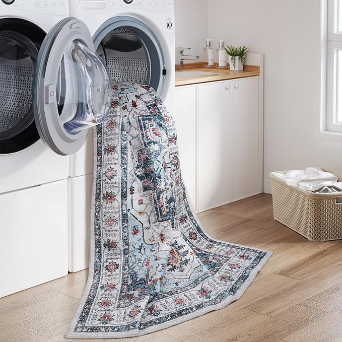 zesthome Area Rugs 9x12, Washable Rug Non-Slip Low Pile Rugs for Living Room, Bedroom, Home Decor Vintage Large Area Rug (Blue,9'x12')
