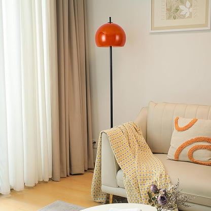 Mid Century Floor Lamp, Mushroom Retro Floor Lamp with Orange Bell Glass Shade and Black Marble Base, Modern Standing Tall Lamp for Living Room, Bedroom, Home Office Deco
