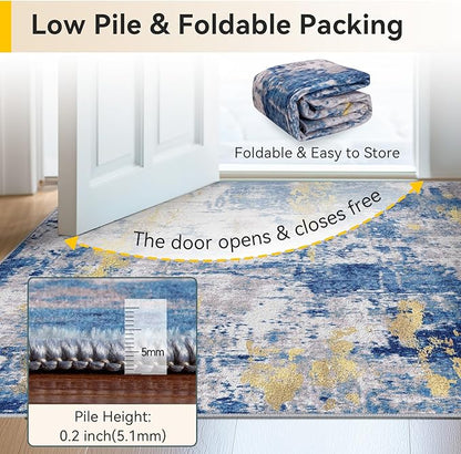 Washable Area Rugs 10'x14' Non-Slip Modern Abstract Soft for Living Room Entryway Bedroom Nursery, Print Pattern, Grey Blue Gold/Golden