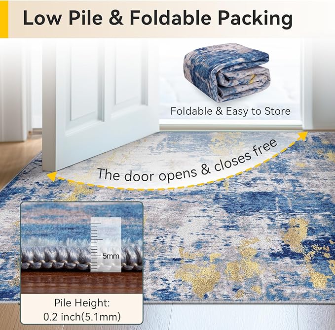 Washable Area Rugs 2'x8' Non-Slip Modern Abstract Soft for Living Room Entryway Bedroom Nursery, Print Pattern, Grey Blue Gold/Golden