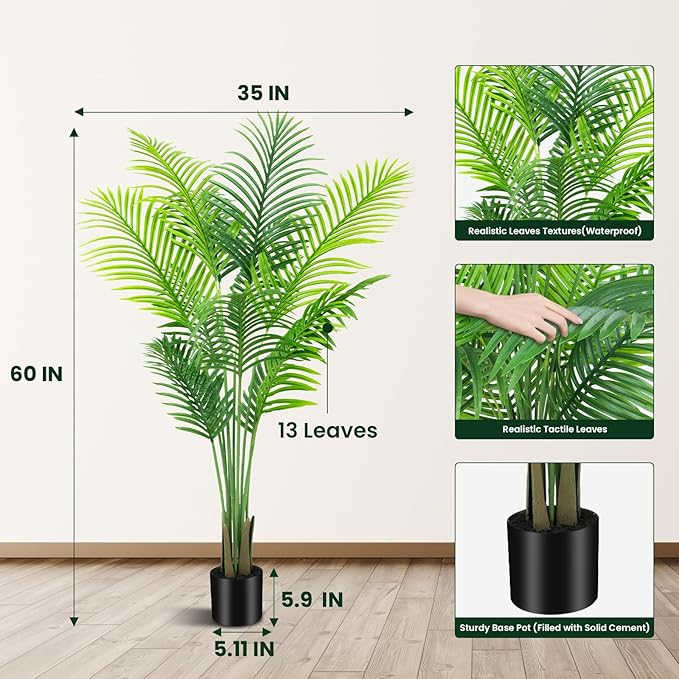 AnTing Fake Plant Artificial Areca Palm Plant Faux Tropical Tree 5FT, Fake Palm Tree Indoor Decor with 13Trunks for Home Office Garden Hotel Decor,2 Pack, AT-SWK5FT-2
