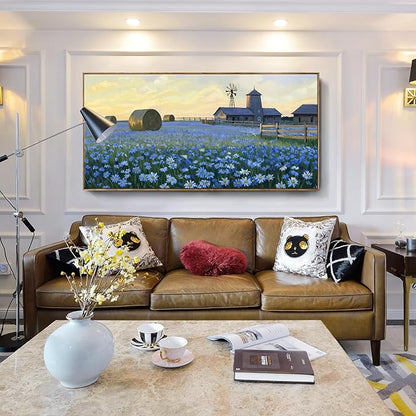 ARTZON Framed Oversized Living Room Wall Art Farmhouse Daisy Flower Barn Canvas Print Countryside Sunset Wildflower Landscape Picture Nature Rustic Blue Yellow Artwork for Bedroom Office Decor 58"×29"