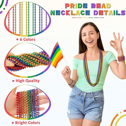 72PCS Pride Beads Stuff, Pride LGBTQ Bead Necklace Accessories Bulk, Metallic 6 Kinds of Rainbow Bead Necklace, Gay Lesbian LGBT Beads Costumes Decorations for Parade Throws Party Favors
