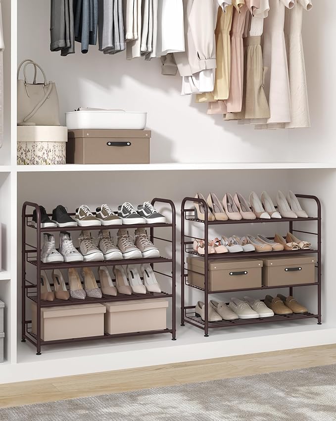 SONGMICS Stackable Shoe Rack, 4 Tier Metal Shoes Rack Storage Shelf, Holds up to 20 Pairs Shoes, Adjustable Slanted Shelves Tower Organizer for Closet Entryway Small Spaces, Bronze