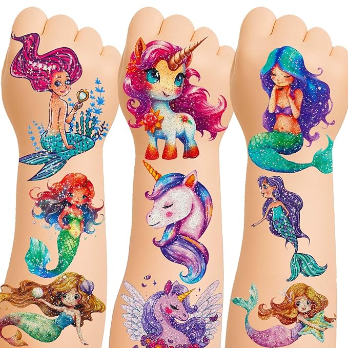 150+ Kids Glitter Temporary Tattoos for Girls – Individually Wrapped Party Favors, Waterproof Tattoo Stickers – Mermaid, Unicorn, Fairy, Butterfly Birthday Pinata Stuffers