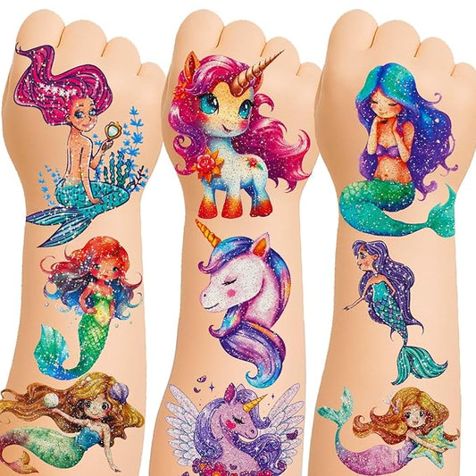 150+ Kids Glitter Temporary Tattoos for Girls – Individually Wrapped Party Favors, Waterproof Tattoo Stickers – Mermaid, Unicorn, Fairy, Butterfly Birthday Pinata Stuffers