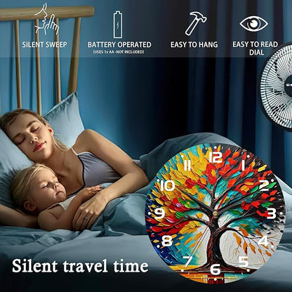 Wall Clock, 10 Inch Silent Non-Ticking Home Kitchen Decor, Battery Operated for Bathroom Bedroom Living Room Office(Tree of Life)