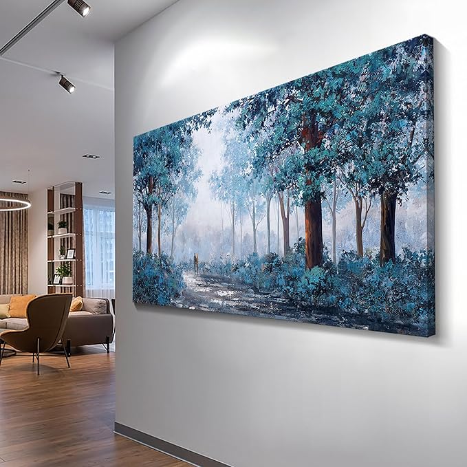 KLAKLA Navy Blue Wall Art - Large Wall Art - Multi-layered Paint Overlay Effect & Blue Leaves Plant Forest Picture Artwork Living Room Bedroom Wall Decor