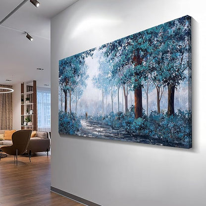 KLAKLA Navy Blue Wall Art - Large Wall Art - Multi-layered Paint Overlay Effect & Blue Leaves Plant Forest Picture Artwork Living Room Bedroom Wall Decor