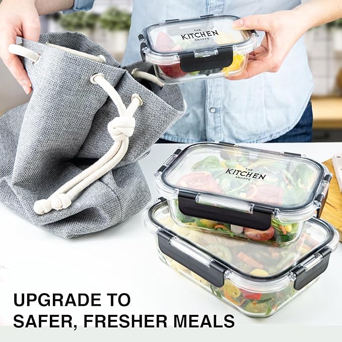 KITCHEN SHOPPE 24-Piece Glass Food Storage Containers with Hinged Lock Lids | Airtight Containers for Meal Prep, Lunch or Leftovers | Oven/Freezer & Dishwasher Safe | Glass Tupperware Set