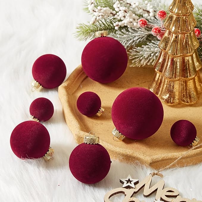 Velvet Christmas Ball Ornaments Set-46pcs Flocked Shatterproof Christmas Tree Decorations Plastic Xmas Decorative Hanging Ornaments for Xmas Holiday Home Decor,3 Sizes(Burgundy)